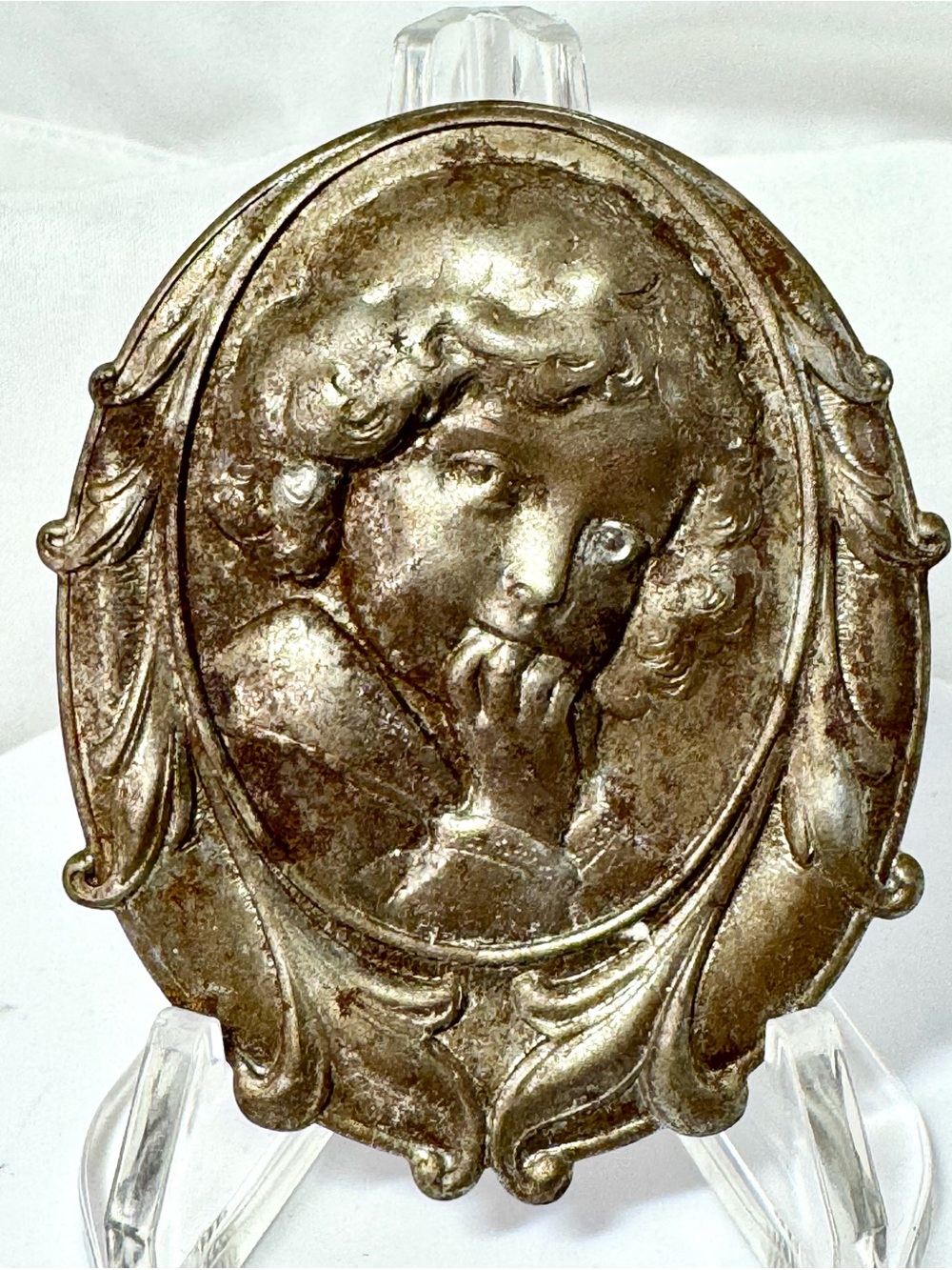 Ornate Oval Cherub Brooch in Antique Metallic Finish